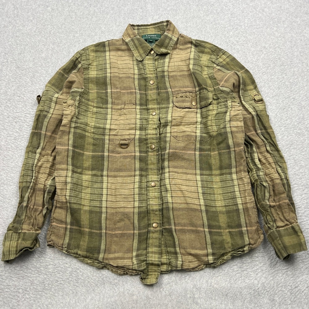 Ralph Lauren Shirt Women Medium Green Plaid Linen Safari Utility Button Roll Tab